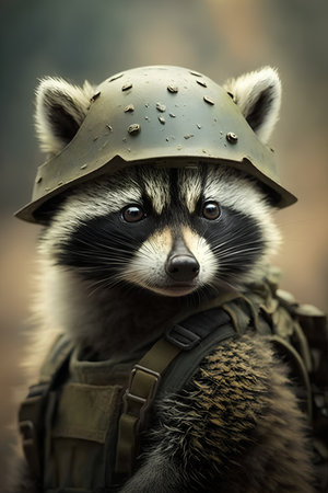 raccoon in a military helmet with a helmet on his headの素材