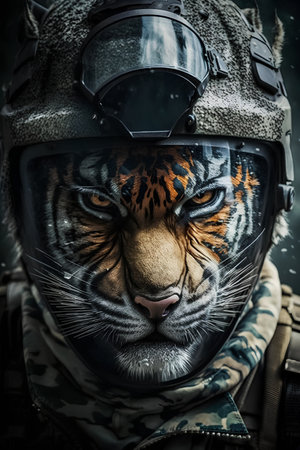 Portrait of a tiger in a military helmet and a bulletproof vest.の素材