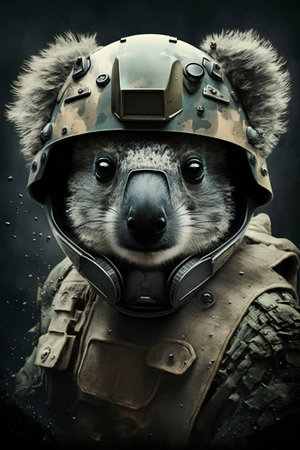 Close-up portrait of a koala in a military helmet.の素材