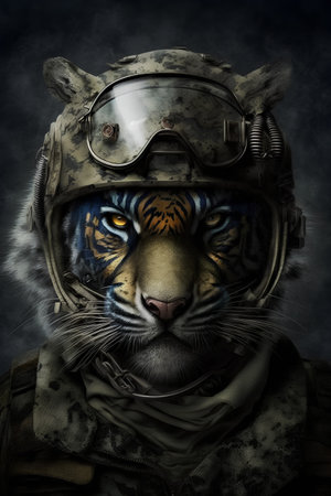 Portrait of a tiger in a military helmet on a dark backgroundの素材