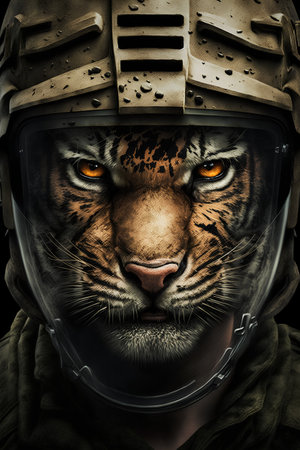 Close-up portrait of a tiger in a military helmet. Portrait of a tiger in a military helmet.の素材