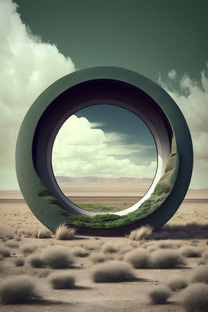 Round hole in the desert with grass and sky. 3d renderingの素材