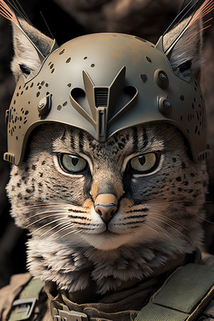Fantasy portrait of a bobcat in a military helmet. 3D rendering.の素材