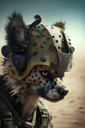 Portrait of a dog in a helmet of a special forces soldierの素材