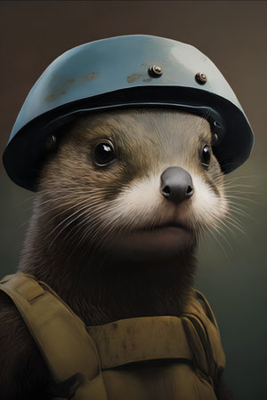 Close-up portrait of an otter wearing a helmet and uniformの素材