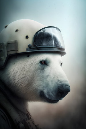 polar bear wearing aviator's helmet in the foggy forestの素材