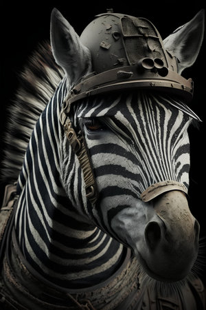 Portrait of a zebra in a helmet on a black backgroundの素材