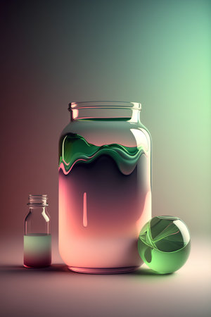 3d render of glass jar with liquid inside and two glass bottles on gradient backgroundの素材