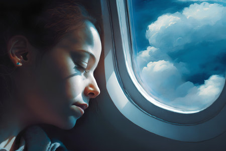 Beautiful girl in an airplane window looking at the cloudy sky.の素材