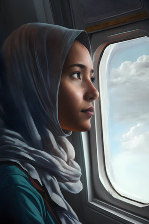 Portrait of a beautiful asian muslim woman looking through the window of an airplaneの素材