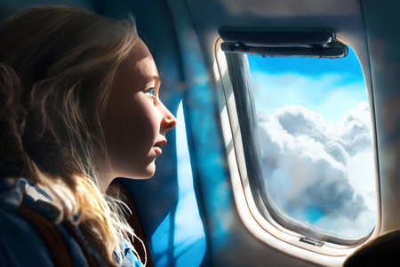 Little girl looking out the window of an airplane. Travel concept.の素材