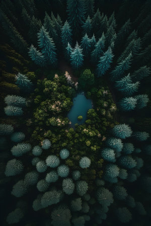 Aerial view of a small lake in the middle of a forestの素材