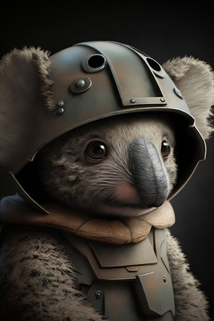 Cute koala in a helmet on a dark background. Close-up.の素材