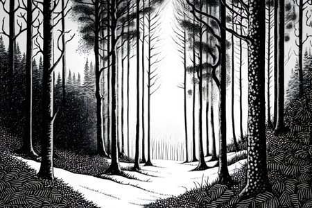 Black and white illustration of a forest in winter with trees and snowの素材