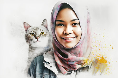 young pretty asian muslim woman in headscarf with cat, digital paintingの素材