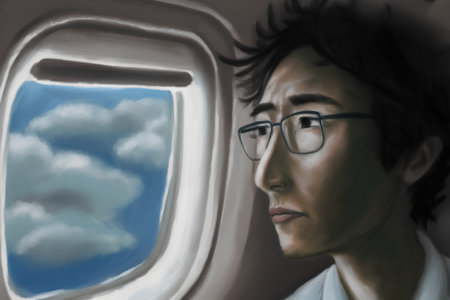 Asian man looking out of the airplane window with clouds in the skyの素材