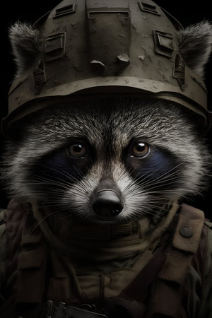 Portrait of a raccoon in a military helmet on a dark backgroundの素材