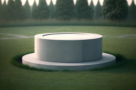 3d render of a round pedestal in a grassy fieldの素材