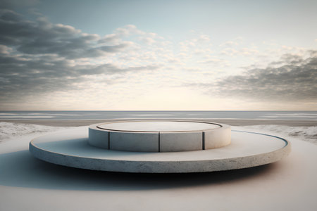 3d render of a concrete podium on the beach at sunset.の素材