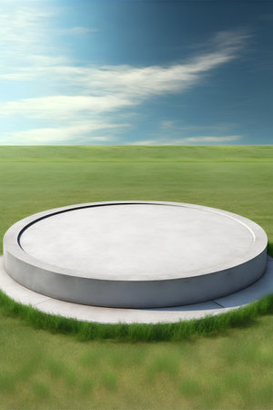 Empty round podium with green grass and blue sky background. 3d renderの素材