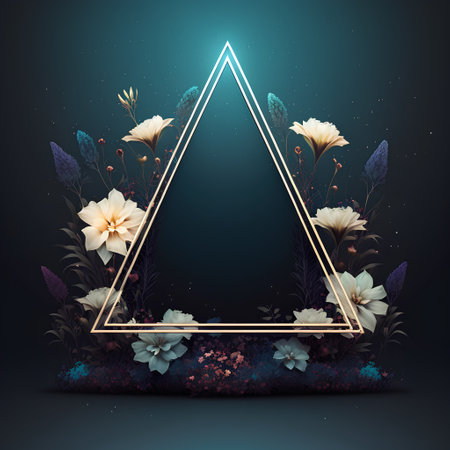 Golden triangle with flowers on dark blue background. 3d illustration.の素材