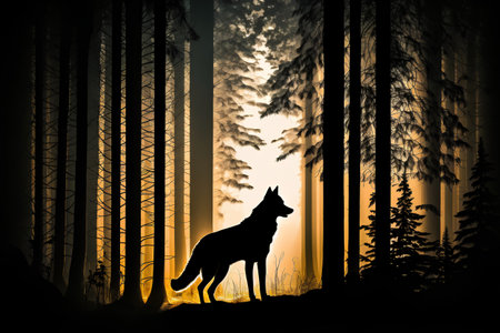 Silhouette of wolf in the forest at sunset. 3D renderingの素材