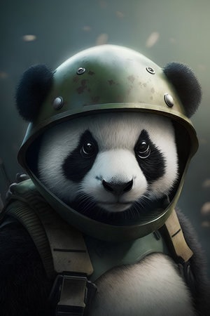Panda in a helmet of the Soviet Army. 3D rendering.の素材