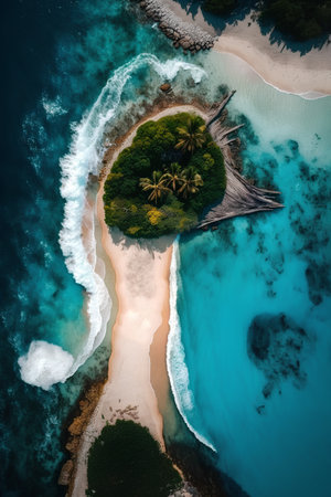 Aerial view of beautiful tropical island with palm trees and sandy beachの素材