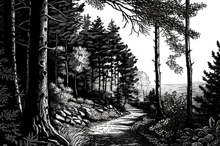 Black and white sketch of a path in the forest. Vector illustrationの素材
