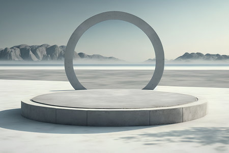 Empty round podium on the background of mountain landscape. 3d renderの素材