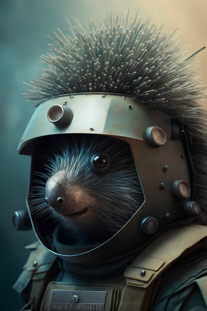Porcupine in the helmet of an aviator. Portrait.の素材