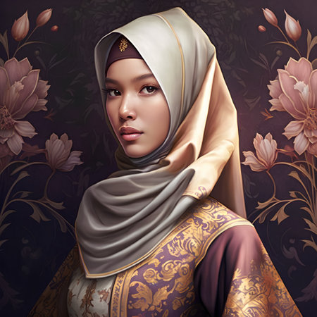 Portrait of beautiful muslim woman in hijab with floral ornament.の素材