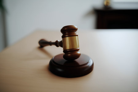 Wooden judge gavel on the table in courtroom or law enforcement office.の素材