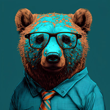 Portrait of a bear wearing glasses and a blue shirt with a tie.の素材