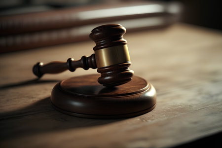 Wooden judge's gavel on the table in courtroom or law enforcement officeの素材