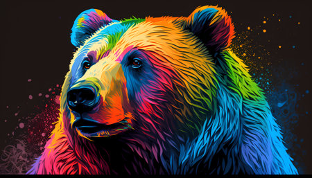 Colorful vector illustration of a grizzly bear on a black backgroundの素材