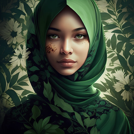 Beautiful muslim woman with green hijab on floral background, 3d illustrationの素材