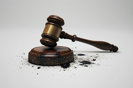 Wooden judge gavel on white background. 3D rendering.の素材