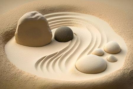 Zen garden with stones in the sand. 3d render illustration.の素材