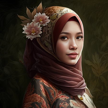 Portrait of beautiful asian muslim woman with flower in her hairの素材