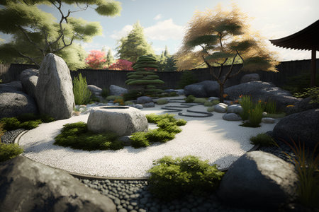 3D render of a Japanese garden with a stone and plants.の素材