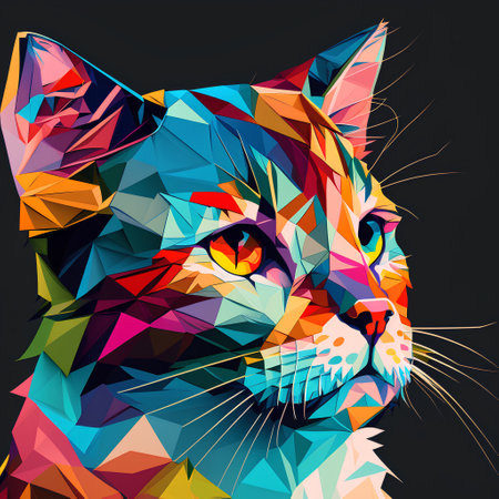 Abstract polygonal cat portrait. Colorful animal vector illustration.の素材