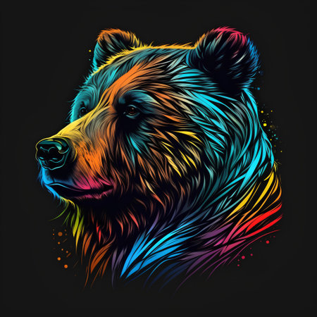 Bear head with colorful splashes on black background. Vector illustration.の素材