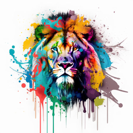 Lion head with colorful paint splashes on white background. Vector illustration.の素材