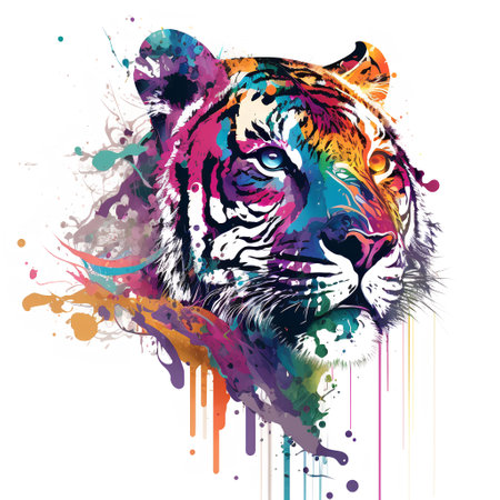 Tiger head with colorful splashes on white background. Vector illustration.の素材