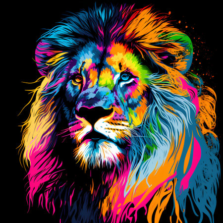 Lion head with colorful spots on black background. Vector illustration.の素材