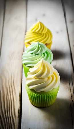 Cupcakes with buttercream frosting on a white wooden tableの素材