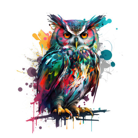 Colorful watercolor illustration of an owl on a white background.の素材