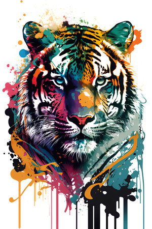 Tiger face with colorful grunge splashes. Vector illustration.の素材
