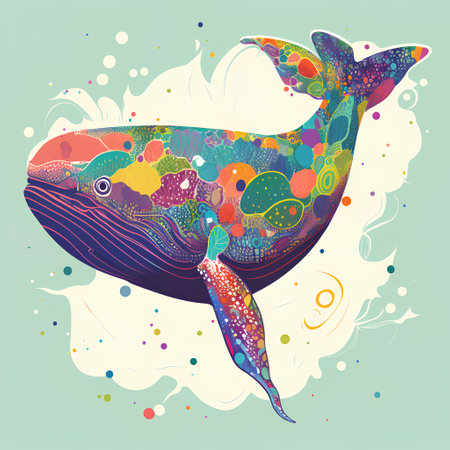 Cute hand drawn whale. Vector illustration. Colorful background.の素材
